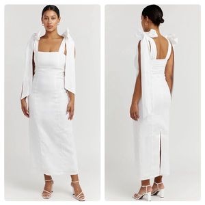 NWT Dissh Aisle White Linen Bow Midi Dress Square Neck Tie Sleeves Size US 2